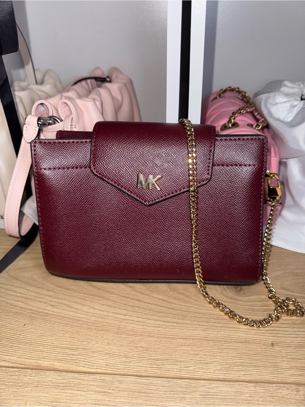 Michael Kors Wine Red Leather Crossbody with Gold Chain